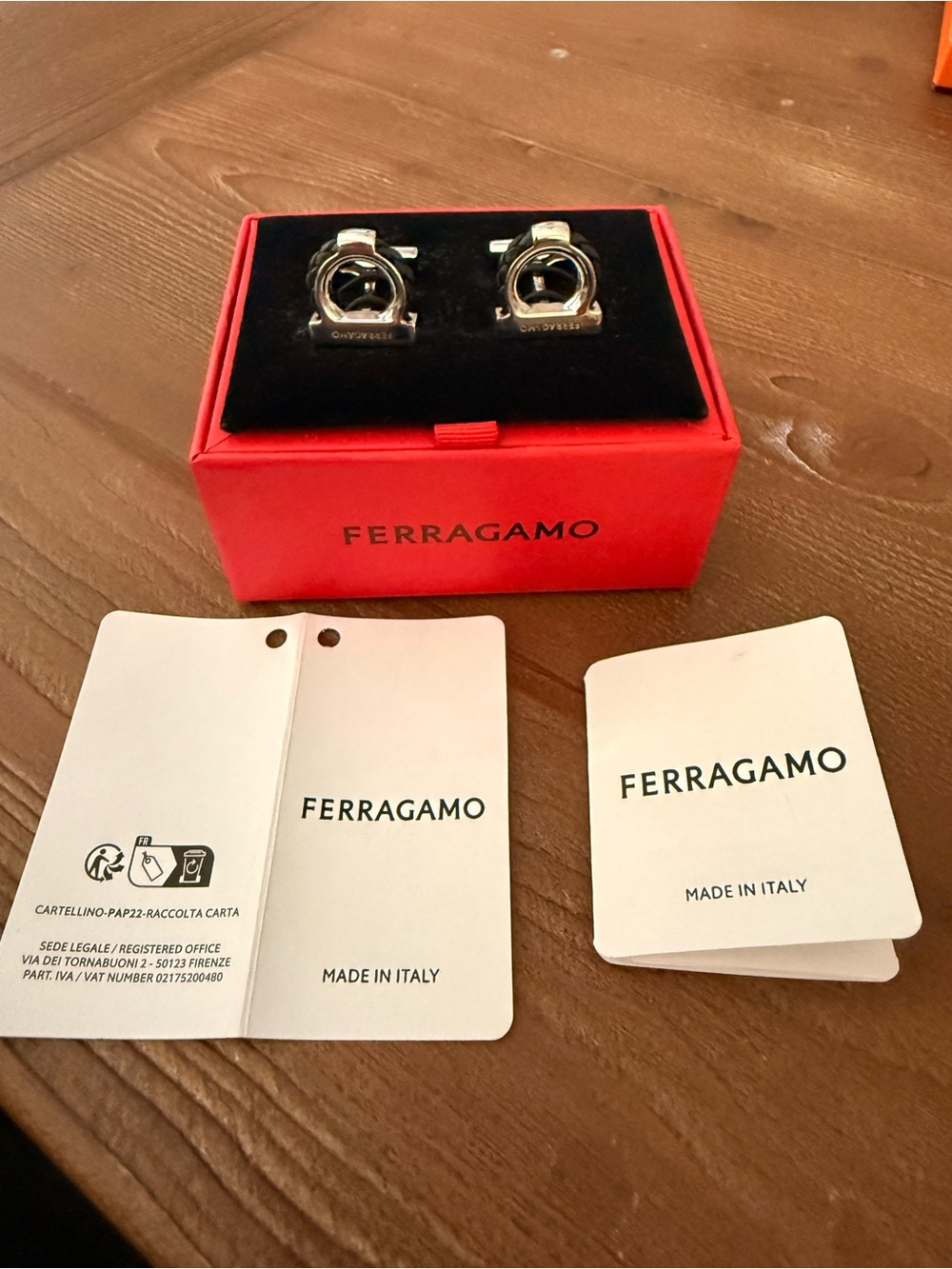 Salvatore Ferragamo Silver Gancini Cufflinks with Red Box and Tags